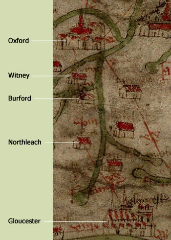Section of the Gough Map showing the route between Gloucester and Oxford