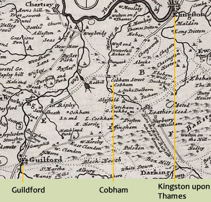 Section of Moll's 1724 map of Surrey showing Kingston, Cobham and Guildford in Surrey